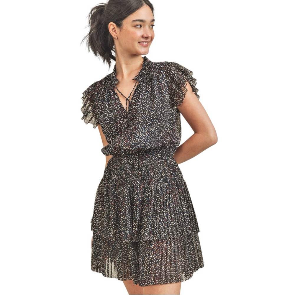 RESET Jenna Dress Multicolor Polka Dot Smocked Waist Ruffle Sleeve Dress Size M